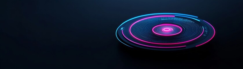Obraz premium Asymmetrical glowing neon bluepink concentric rings on dark, emphasizing a futuristic data core or AI processing hub. Digital, Technology