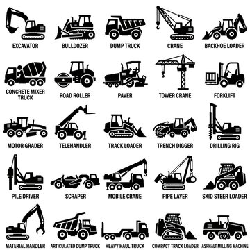 Heavy Construction Equipment Vehicles Icons.