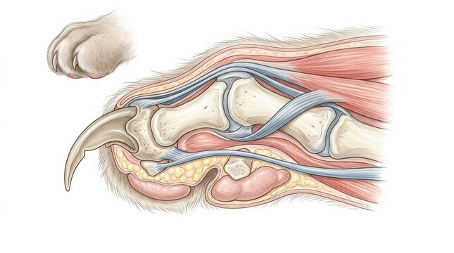 Illustration shows the claw retraction mechanism in a pet animals paw. The anatomy details the bones and tendons involved in claw movement.