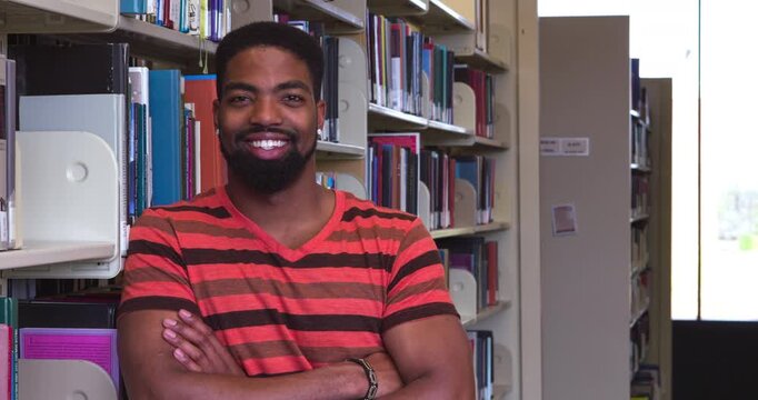 Young college student standing in library 4k
