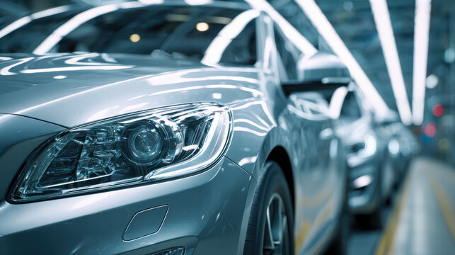 Sleek modern silver car headlight and front wheel in a well-lit automotive showroom with reflective surfaces and blurred background vehicles aligning in a row