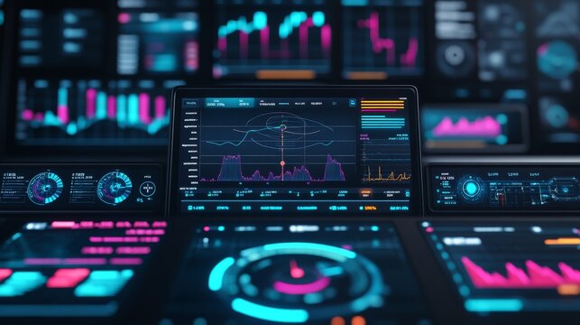 Close-up of a Futuristic Digital Console with vibrant Neon Blue and Magenta UI. Displays real-time Data Analytics via graphs and complex dashboards., Big Data, Monitoring