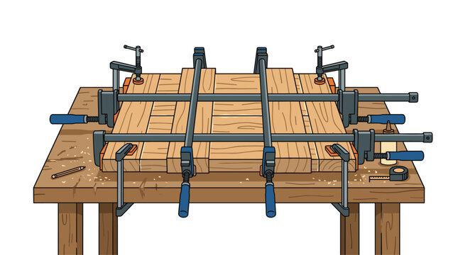 Multiple wooden boards are tightly compressed together using parallel bar clamps for secure bonding on a heavy duty workbench within a minimalist professional woodworking facility.