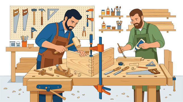 Two skilled woodworkers collaborate on a custom furniture project using traditional dovetail joinery and manual tools inside a brightly lit professional carpentry workshop studio.