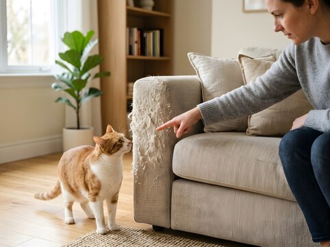 Young woman pointing at scratched sofa damage caused by her ginger cat in modern living room interior