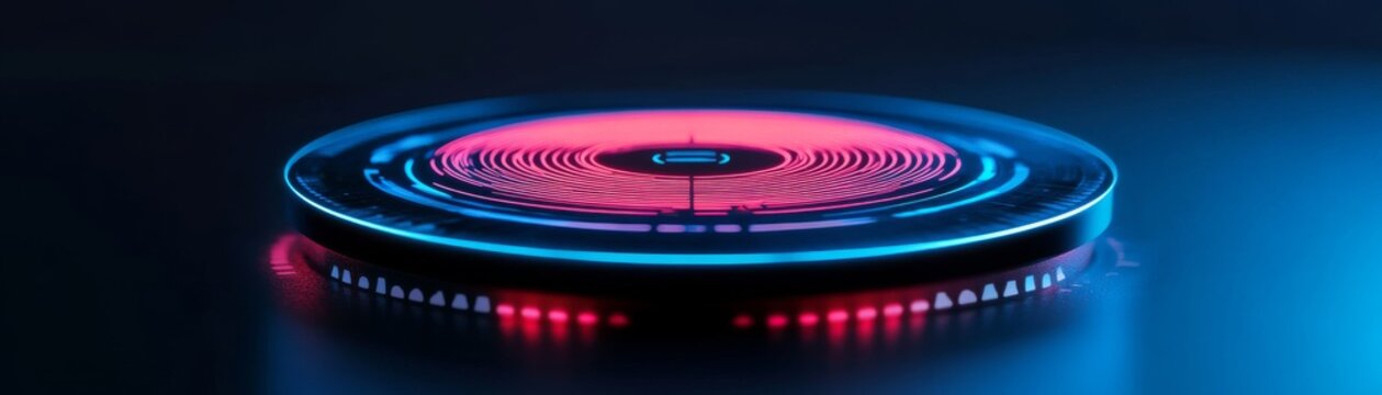 Close-up of a vibrant red and blue glowing digital core a futuristic circular interface with concentric rings, depicting active data processing. UI, high-tech