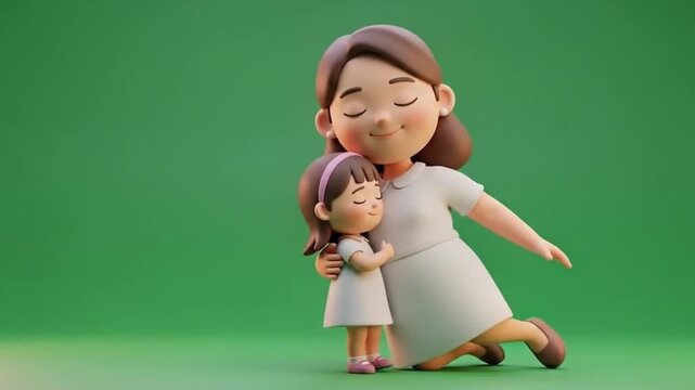 Heartwarming 3D Mother and Daughter Hugging on Green Screen