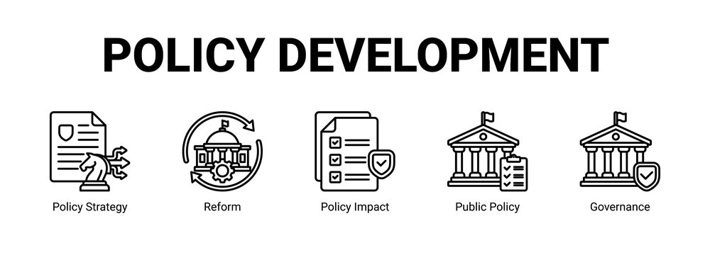 Policy Development web banner icon concept, with Policy Strategy, Reform, Policy Impact, Public.