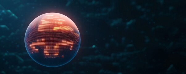 Fototapeta premium Digital Data Sphere Glowing orb displaying intricate, city-like patterns on its surface, centered in a dark, atmospheric void, symbolizing AI and future tech. Data visualization,