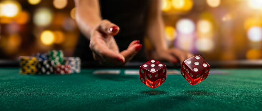 Female hand throwing red dice on a green casino table with colorful poker chips stacked in the background, illuminated by soft bokeh lights