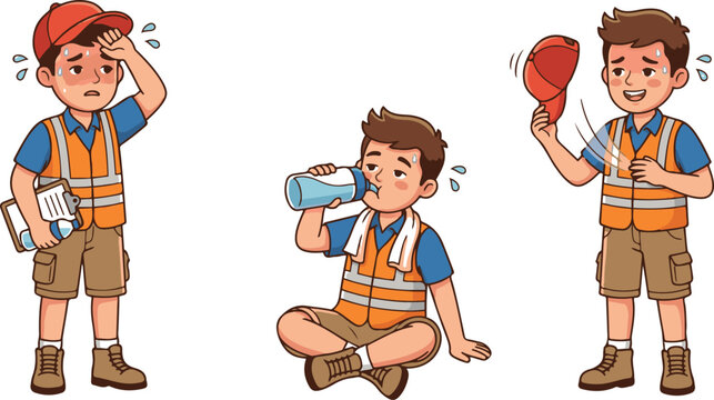 Cute cartoon boy scout character set showing different poses including sweating, drinking water, and holding a ping pong paddle. Colorful vector illustration isolated on white background.