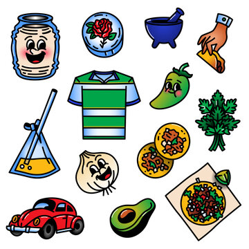 Mexican culture doodle icons set with tacos, avocado, and street food illustrations