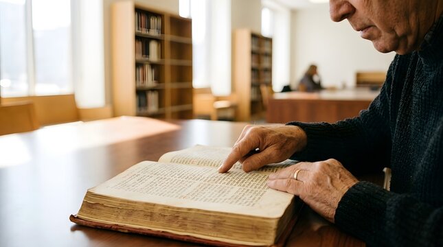 Close up of senior man hand pointing at text in old book while reading in quiet library or archive