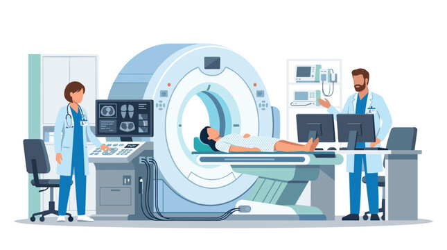 Medical practitioners review diagnostic scan results on computer monitors while a patient rests on an imaging table inside a specialized hospital treatment room setting.