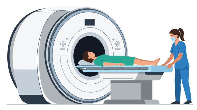 A healthcare worker in blue scrubs positions a patient on the sliding table of an MRI scanner within a sterile and brightly lit medical imaging treatment facility.
