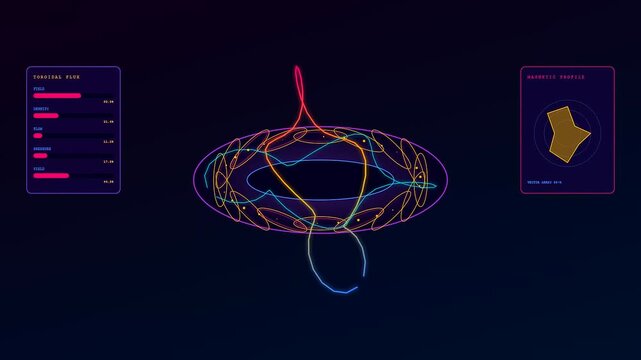 Sophisticated simulation of fusion reactor plasma oscillating within a toroidal chamber featuring neon magenta and cyan luminescence across a dark digital void
