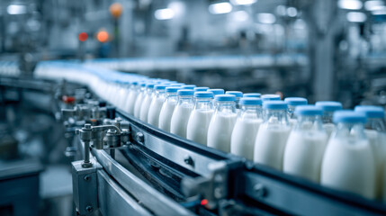 Fototapeta premium Modern dairy factory production line with rows of glass bottles filled with fresh milk and blue caps moving through automated packaging machinery system
