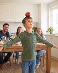 Obraz premium Boy balancing apple on head while family watches in cozy kitchen 