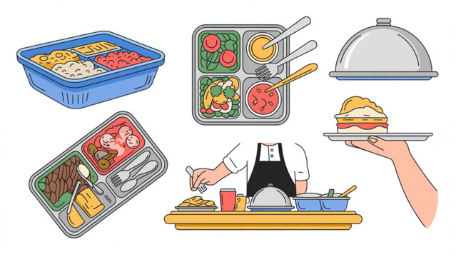 Colorful vector illustration of assorted meal trays and service