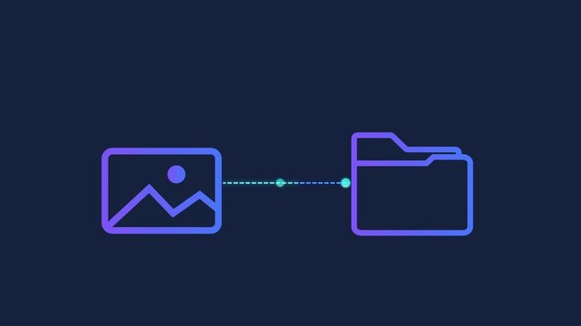 Animated motion graphics showing a security shield icon connecting to a file folder via pulsing dots. Concept of digital folder protection, encrypted data storage, and file safety on dark blue.