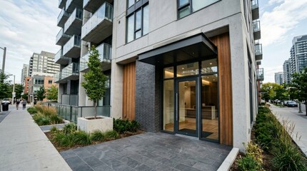 Fototapeta premium Modern apartment building entrance with glass doors and wooden canopy. Contemporary urban residential architecture. Exterior design featuring concrete and plants in city complex.