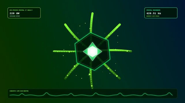 A sophisticated digital interface monitoring a fusion reactor plasma core that oscillates with emerald radiance while telemetry data and sonic waveforms shift dynamically