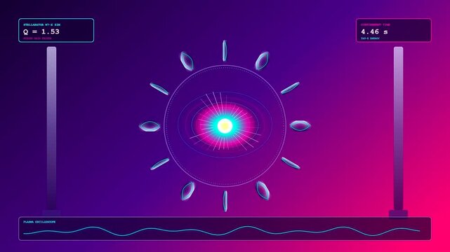 A futuristic simulation of fusion reactor plasma pulsing with neon magenta energy while digital readouts increment and a cyan core glows in a dark void