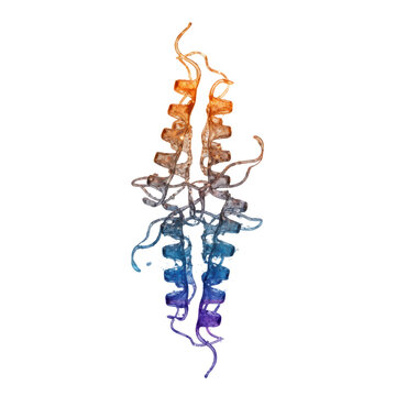 Complex molecular protein structure with glass-like polypeptide chains transitioning from orange to blue with swirling luminescent particles, scientific innovation