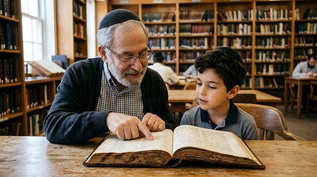 senior jewish man with kippah teaching young boy ancient religious book in library study hall