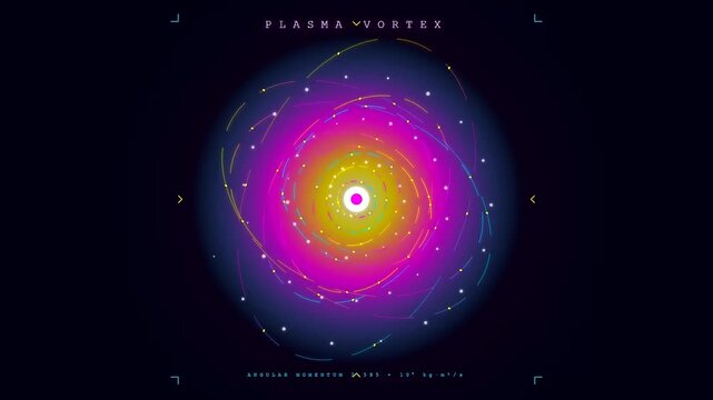 An intricate digital simulation showing fusion reactor plasma rotating with concentric rings of neon purple and yellow energy amidst a dark interstellar void space