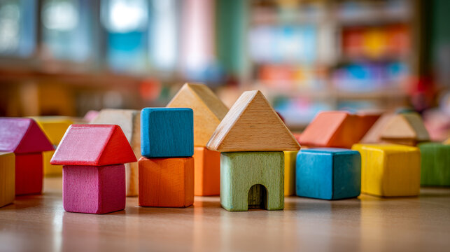 Colorful wooden building blocks arranged to resemble small houses on a table in a bright and inviting playroom environment for children