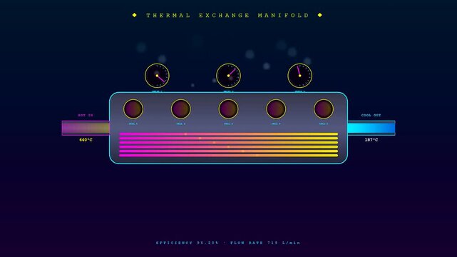 An intricate digital interface monitoring fusion reactor plasma heat exchange systems with glowing magenta indicators and rotating gold gauges against a deep navy backdrop