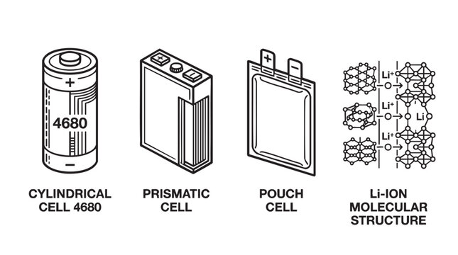 Illustration showcasing different types of lithium-ion battery cells and their molecular structure.