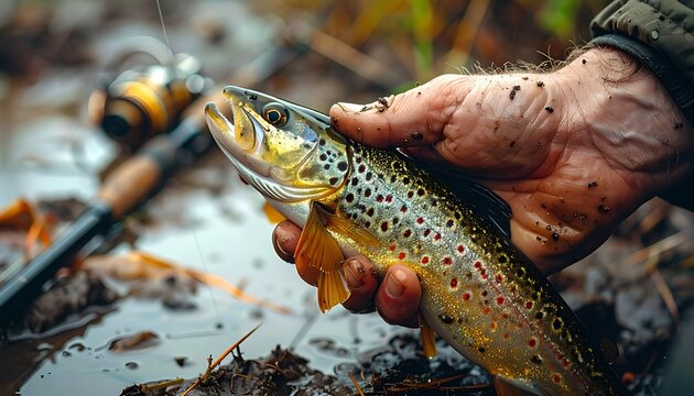 Fisherman holding a freshly caught trout, detailed scales and spots, fishing rod in soft focus background, outdoors, nature, hobby, recreation