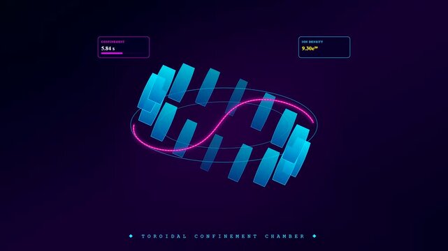 A cinematic visualization of fusion reactor plasma swirling inside a toroidal magnetic chamber with glowing blue coils and digital data readouts on dark backgrounds