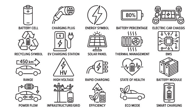Collection of line icons representing various aspects of electric vehicles and sustainable energy technology, including charging, batteries, and eco-friendly features.