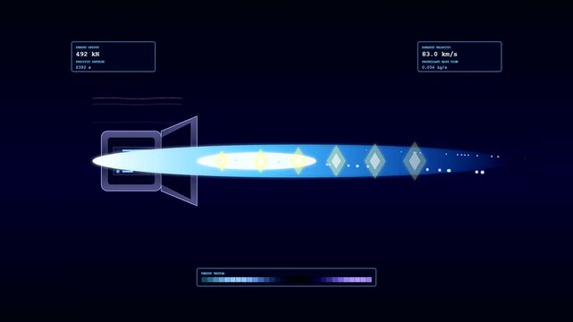 A futuristic digital interface showcasing a fusion reactor plasma stream flowing through a magnetic containment field with various holographic data readouts on dark blue background
