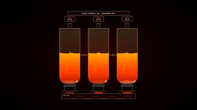 An experimental fusion reactor plasma oscillates within three glass containment vessels as orange bubbles rise beneath a digital interface on a dark background