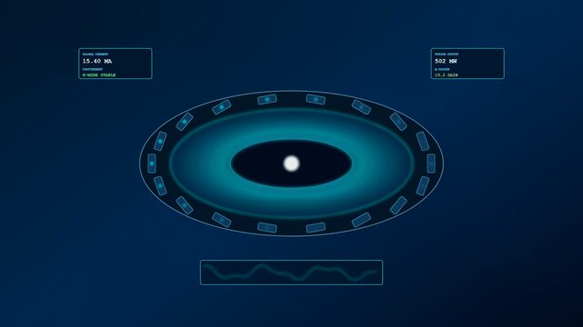 A sophisticated holographic display visualizing fusion reactor plasma dynamics through luminous cyan concentric circles and fluctuating telemetry data points set against a midnight blue void