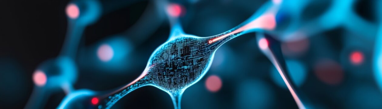 Glowing Digital Neuron Close-up of a pixelated neural cell transmitting binary data, symbolizing AI brain function and interconnected technology. ,Neuroscience, Deep Learning