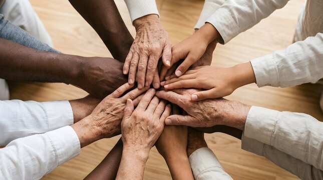 diverse multiethnic hands of people of different ages stacked together in circle for unity and teamwork