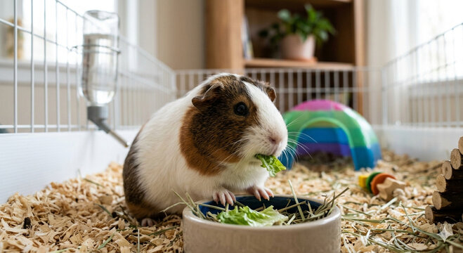 A pet guinea pig in its cage