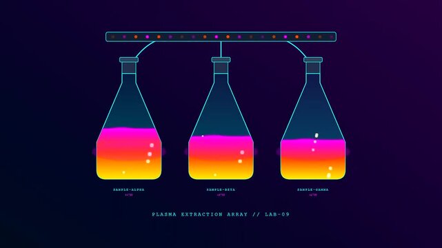 An intricate laboratory array containing fusion reactor plasma as luminous bubbles ascend through vivid magenta and golden liquid gradients inside three futuristic glass vessels