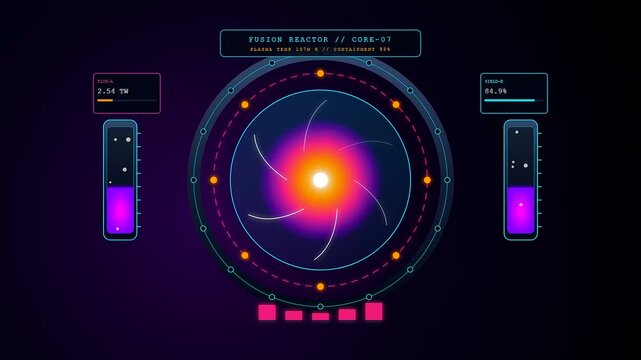 A sophisticated holographic display featuring fusion reactor plasma pulsating within a circular containment field accompanied by shifting numeric telemetry and neon magenta energy gauges