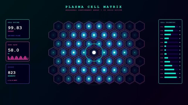 A glowing fusion reactor plasma interface displays fluctuating energy levels across a hexagonal cell matrix with cyan light pulses and magenta data readout panels
