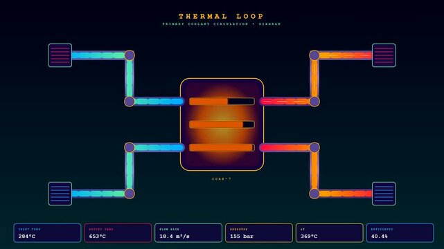 A sophisticated holographic display showcasing a fusion reactor plasma thermal loop with oscillating temperature metrics and neon conduits flowing across a deep navy void