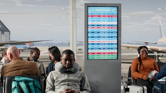 Angry passengers in airport seeing red on departure board screen caused by flight delays, shouting and making phone calls. Frustrated traveler upset by flight cancelation on FIDS timetable display