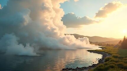 Fototapeta premium Mist Covered River Hot Spring Vapor Clouds Over Calm Water at Sunset