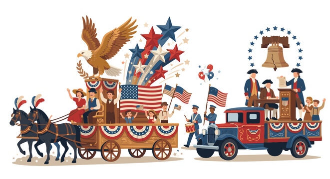 Vintage parade float celebrating Fourth of July with patriotic symbols  