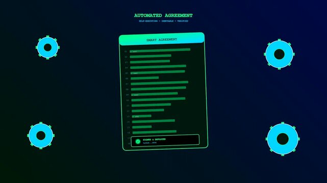 An ethereal digital interface visualizing decentralized ledger technology through a luminous green automated agreement filling with data while cyan orbital nodes rotate on midnight blue
